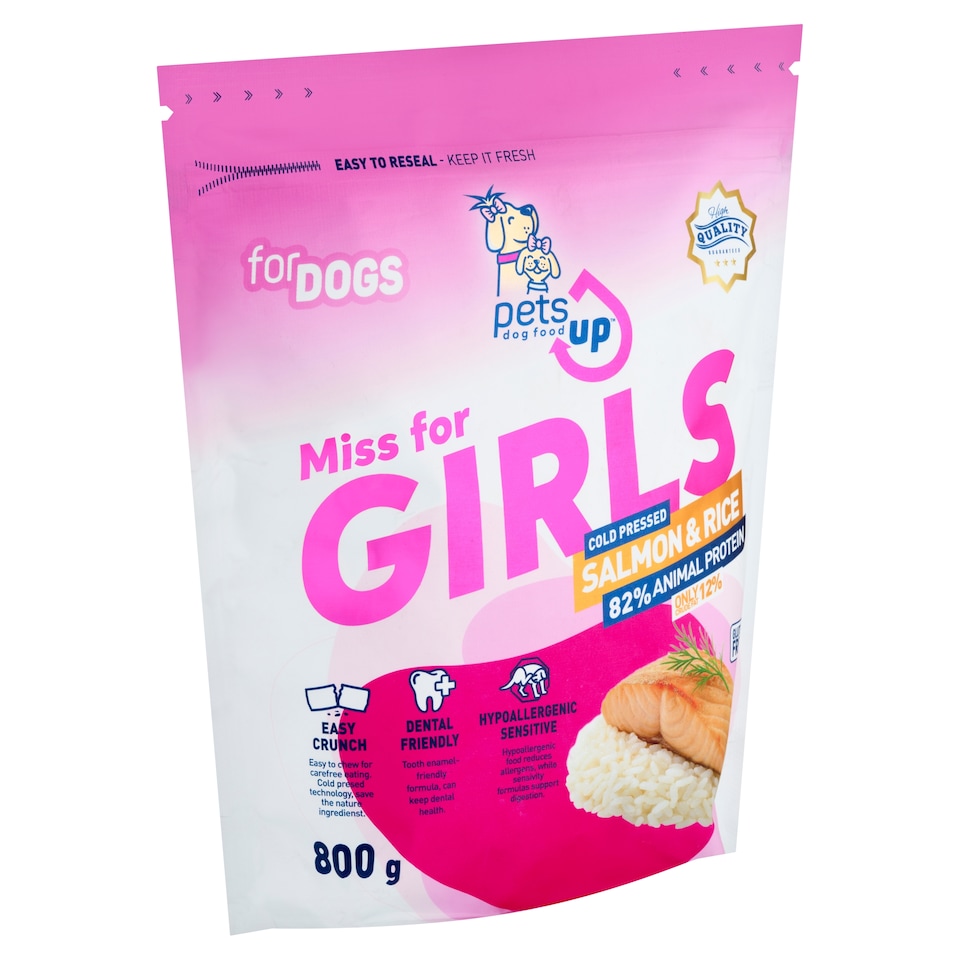 PetsUp Miss for Girls érzékeny kutyák igényeihez igazodó lazac és rizs alapú prémium kutyatáp 800 g  1. kép