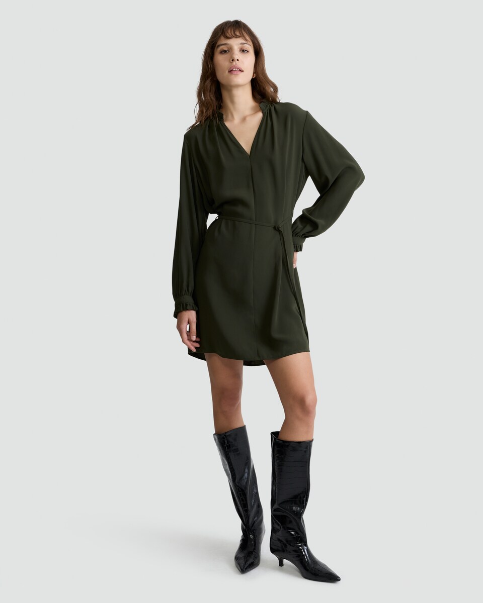 image 1 of F&F Ruffle Trim Tie Waist Dress in Khaki
