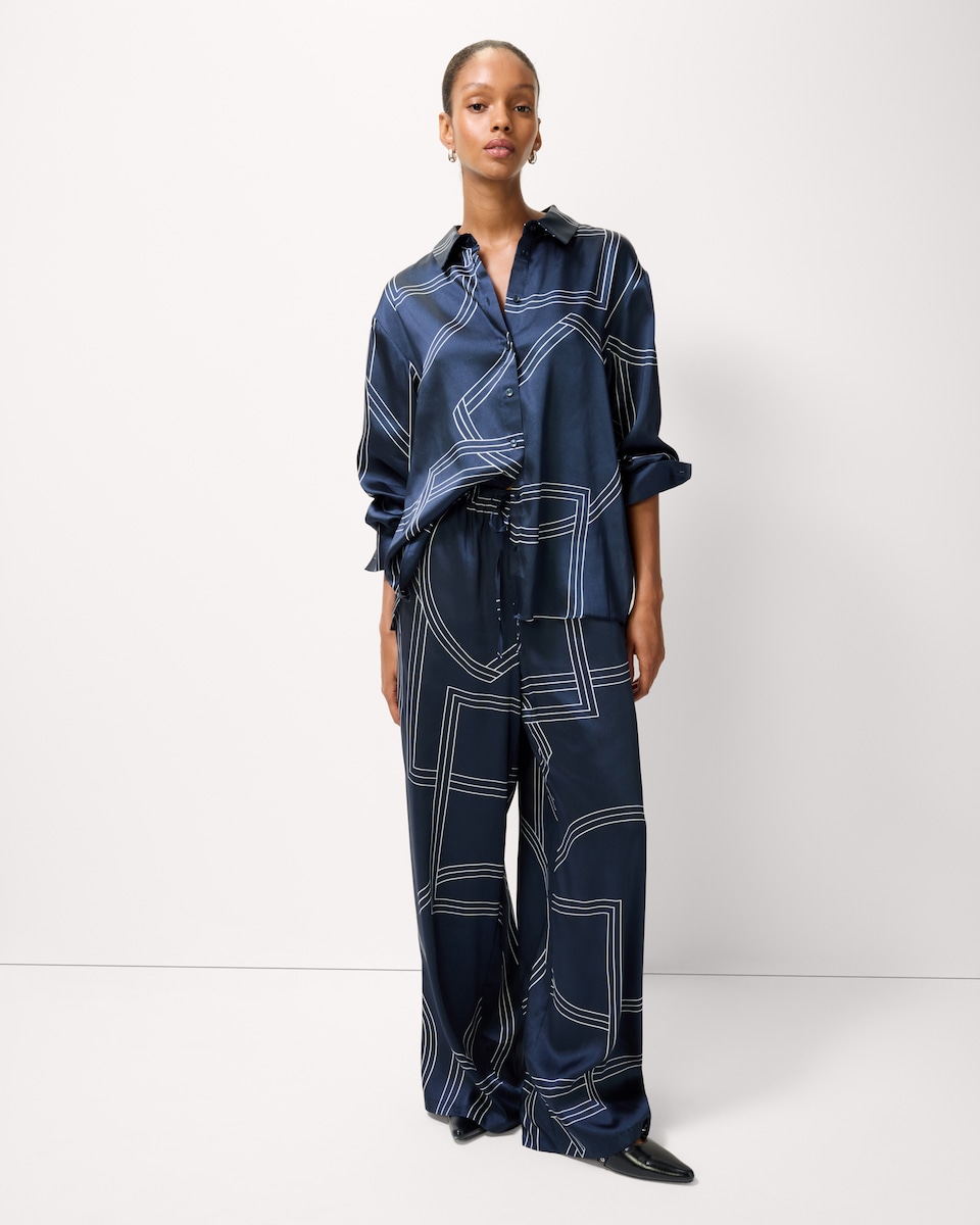 image 1 of F&F Satin Geometric Print Co-ord Trousers in Navy