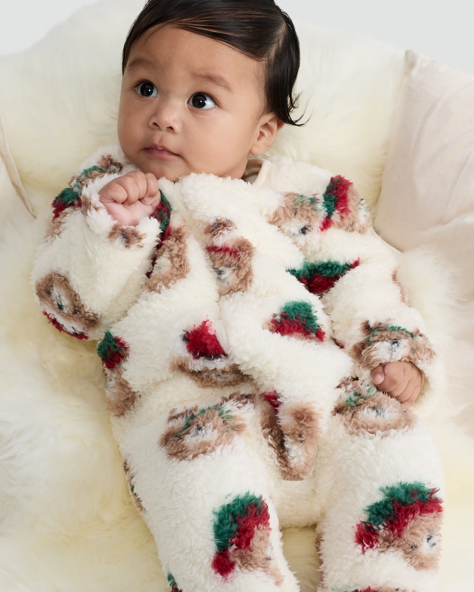 image 1 of F&F Baby Fleece Teddy Bear Christmas Sleepsuit in White