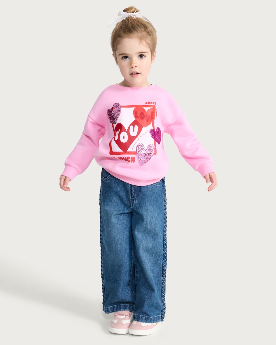 image 1 of F&F Girls Cotton Rich Love Sequin Sweatshirt in Pink