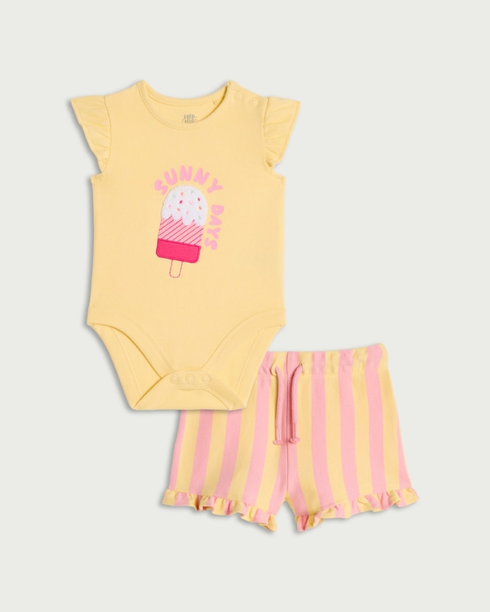 image 1 of F&F Baby 2-Piece Cotton Rich Sunny Days Bodysuit and Striped Shorts Set in Yellow