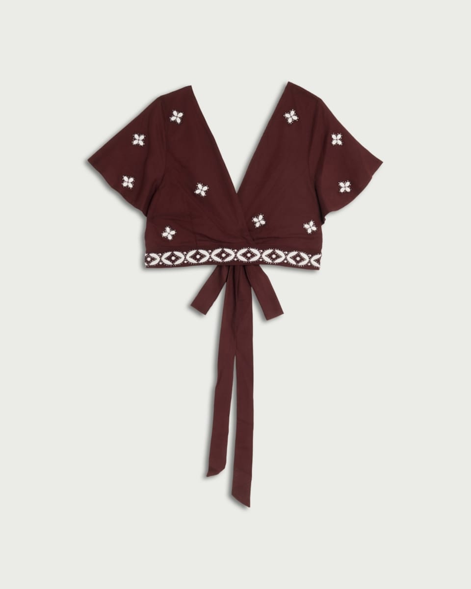 image 1 of F&F Embroidered Tie-Back Co-ord Wrap Top in Burgundy