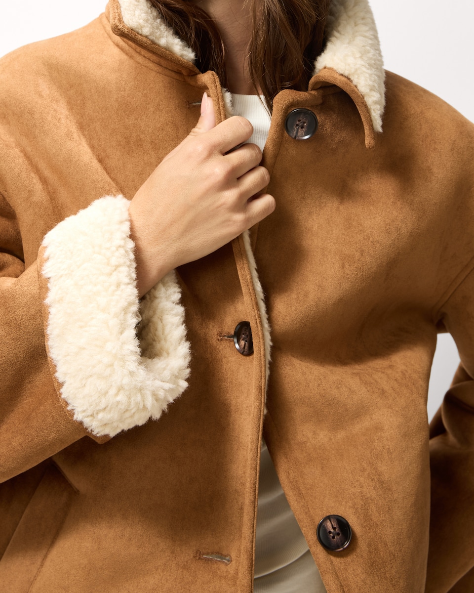 image 1 of F&F Faux Shearling Short Coat in Med Nude