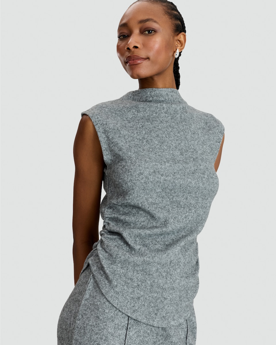 image 1 of F&F Textured High Neck Ruched Side Sleeveless Top in Grey