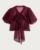image 4 of F&F Sheer Puff Sleeved Bow Front Blouse in Burgundy