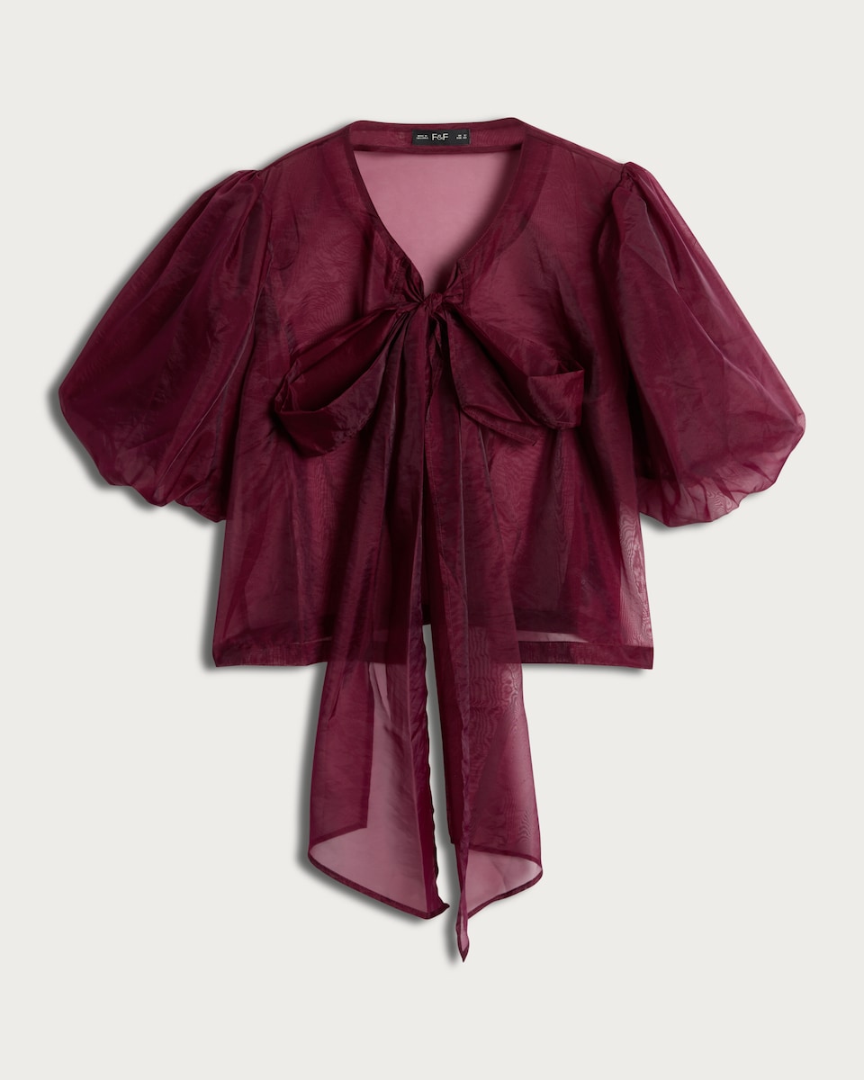 image 1 of F&F Sheer Puff Sleeved Bow Front Blouse in Burgundy