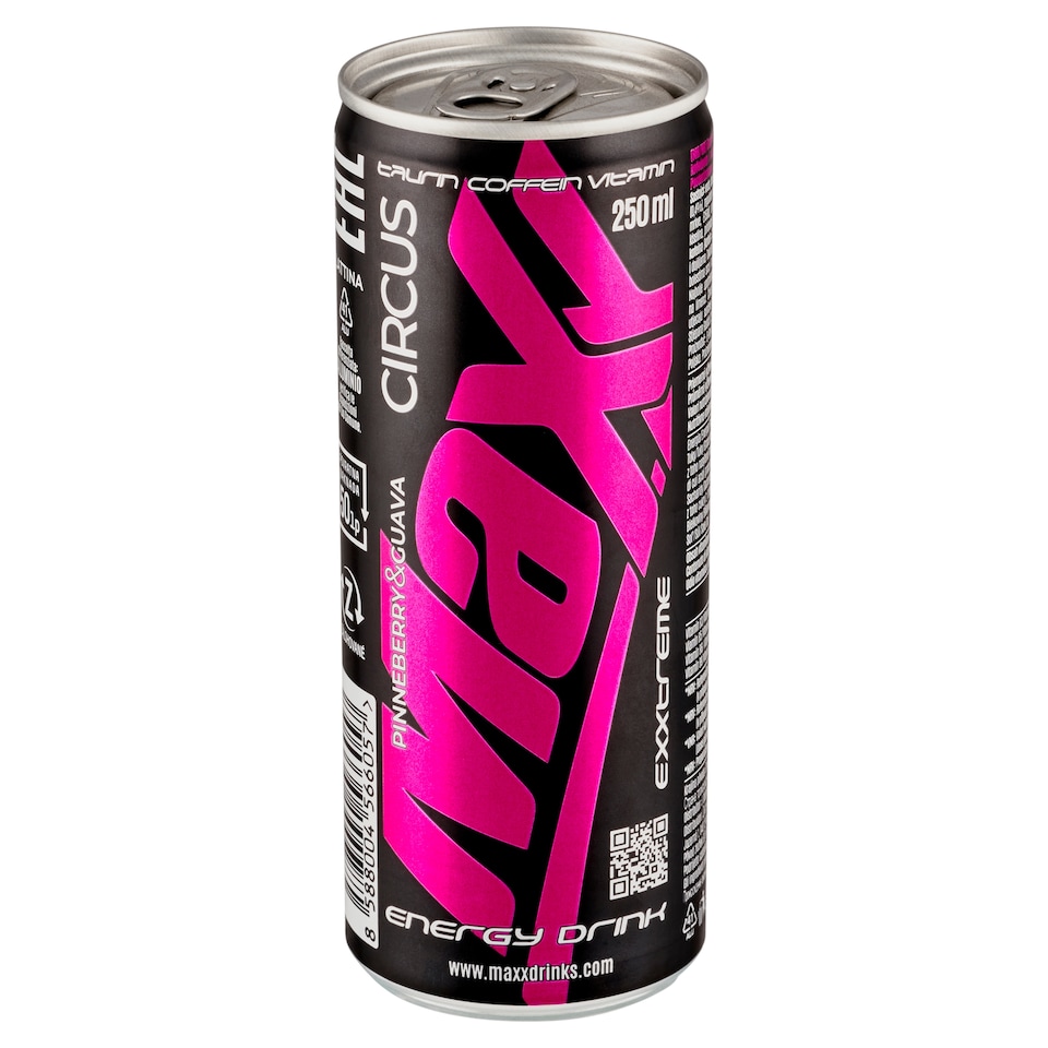 Maxx Exxtreme Circus sýtený energetický nápoj s príchuťou bielych jahôd a guavy 250 ml