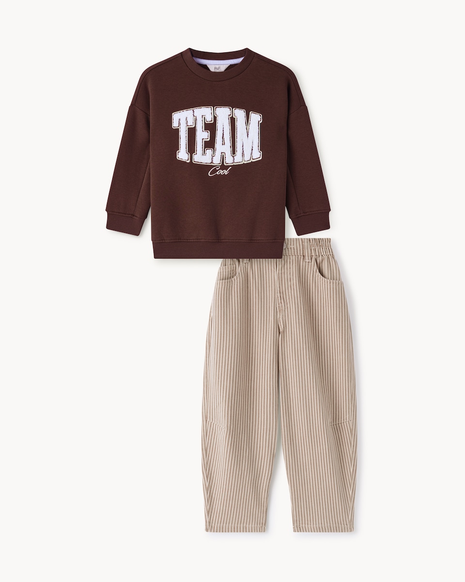 image 1 of F&F Boys Cotton Rich Sweatshirt and Striped Jeans Set in Brown