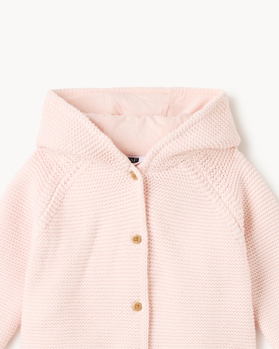 image 1 of F&F Baby Pure Cotton Knitted Hooded Cardigan in Pink