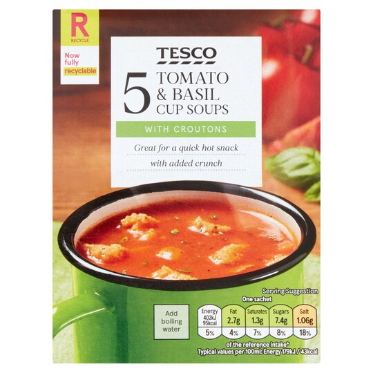 Tesco Tomato & Basil With Croutons Soup In A Mug 5 Pack 120G Tesco