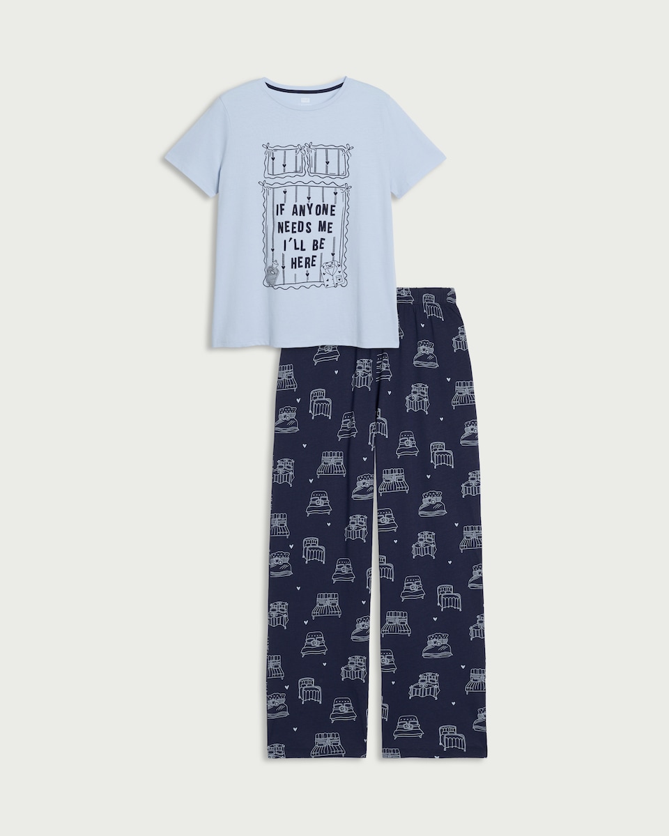 image 1 of F&F Pure Cotton Bed Print Pyjama Set in Multi Blue