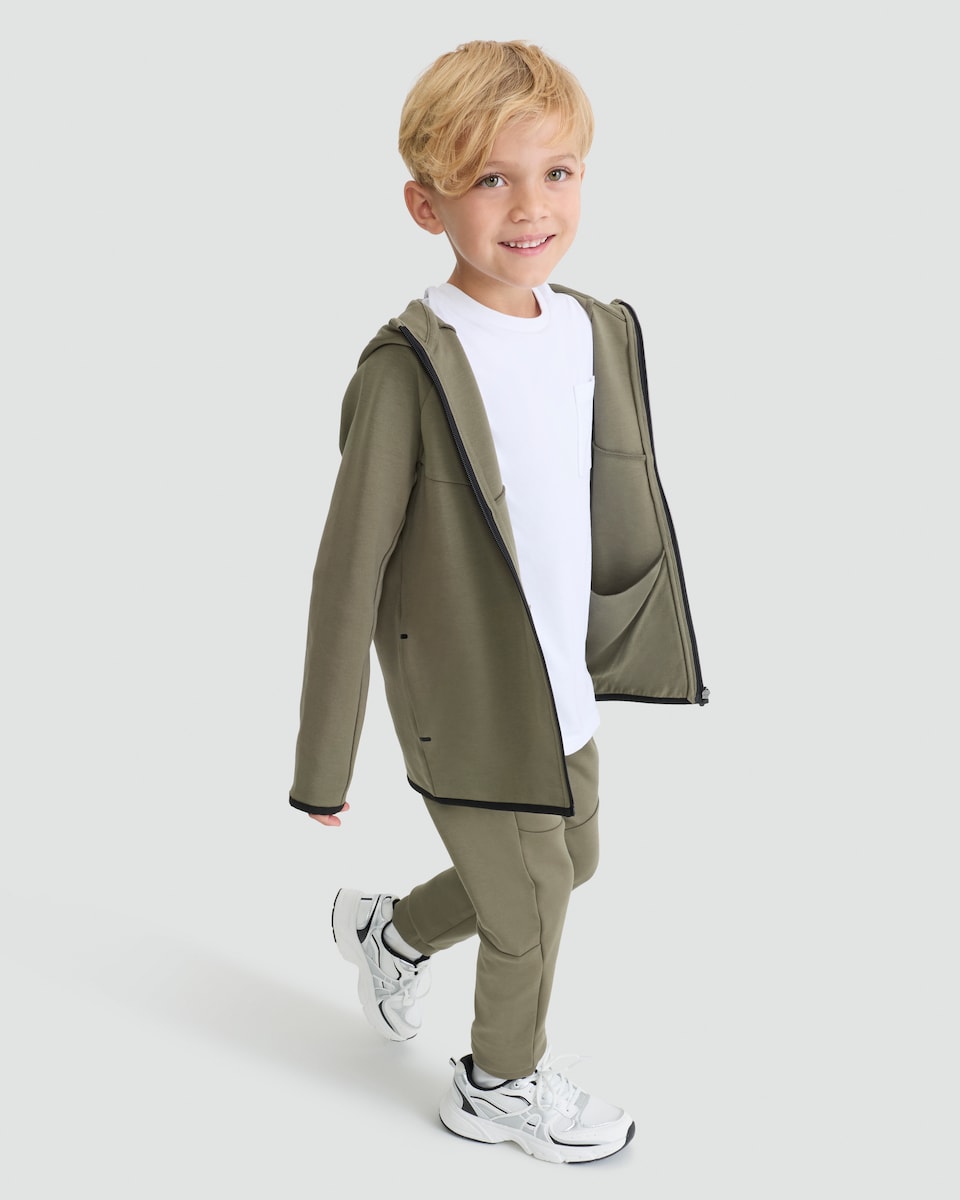 image 1 of F&F Active Boys Cotton Rich Zip Up Hooded Jacket in Khaki