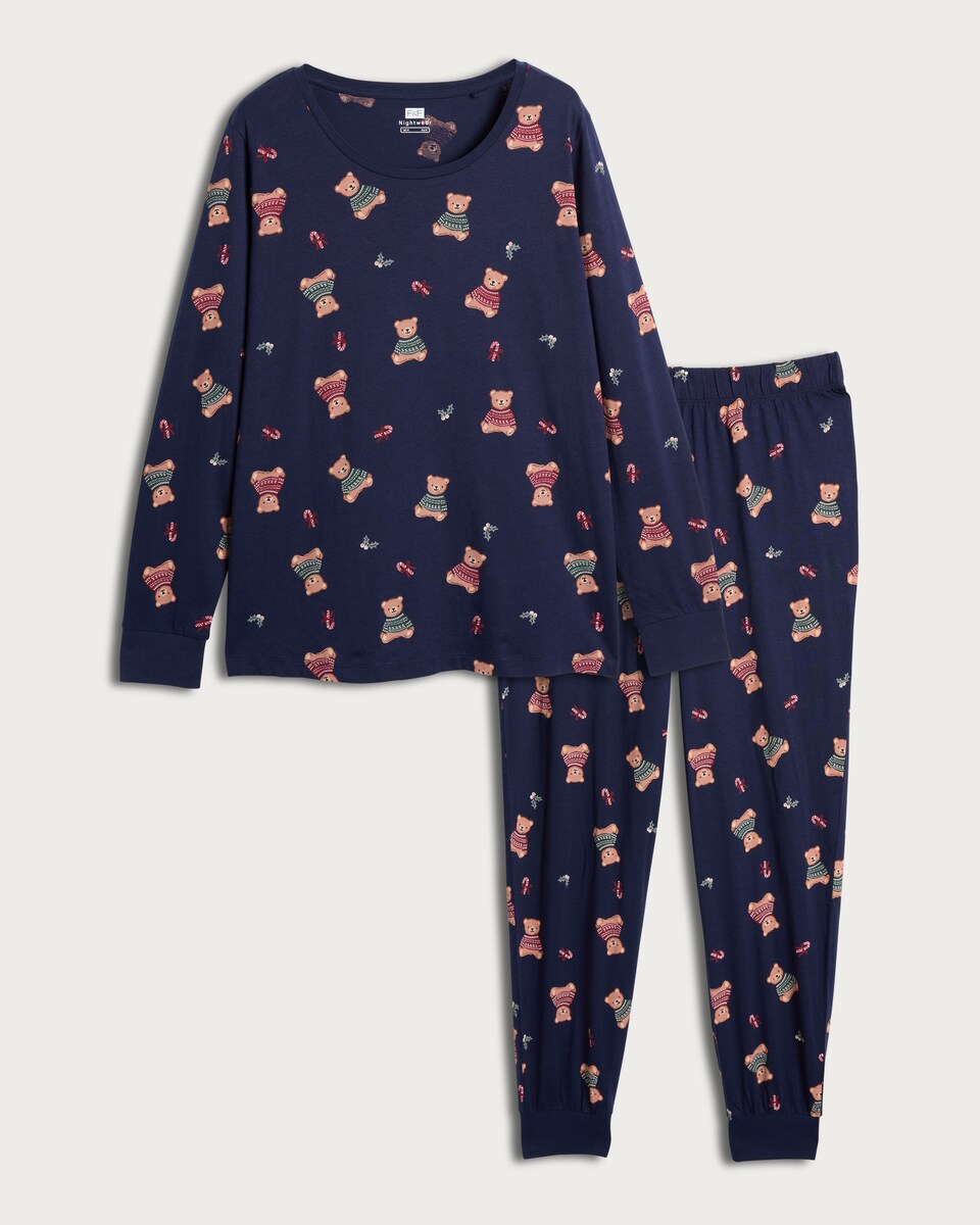 image 1 of F&F Pure Cotton Teddy Bear Print Top and Joggers Pyjamas in Navy