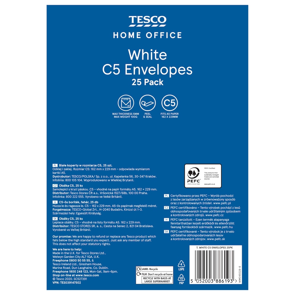 Tesco White C5 Envelopes 25Pk