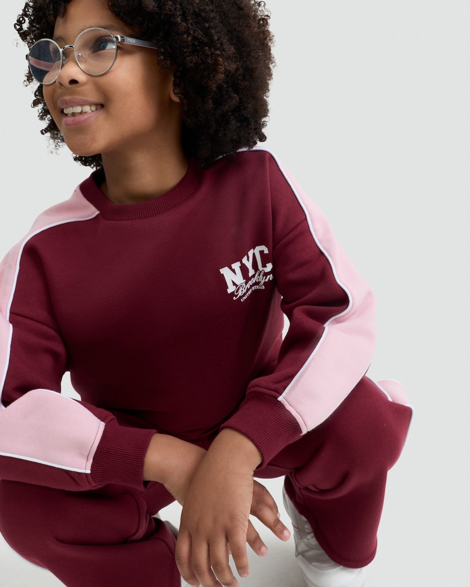 image 1 of F&F Girls NYC Brooklyn Sweatshirt and Joggers Set in Burgundy