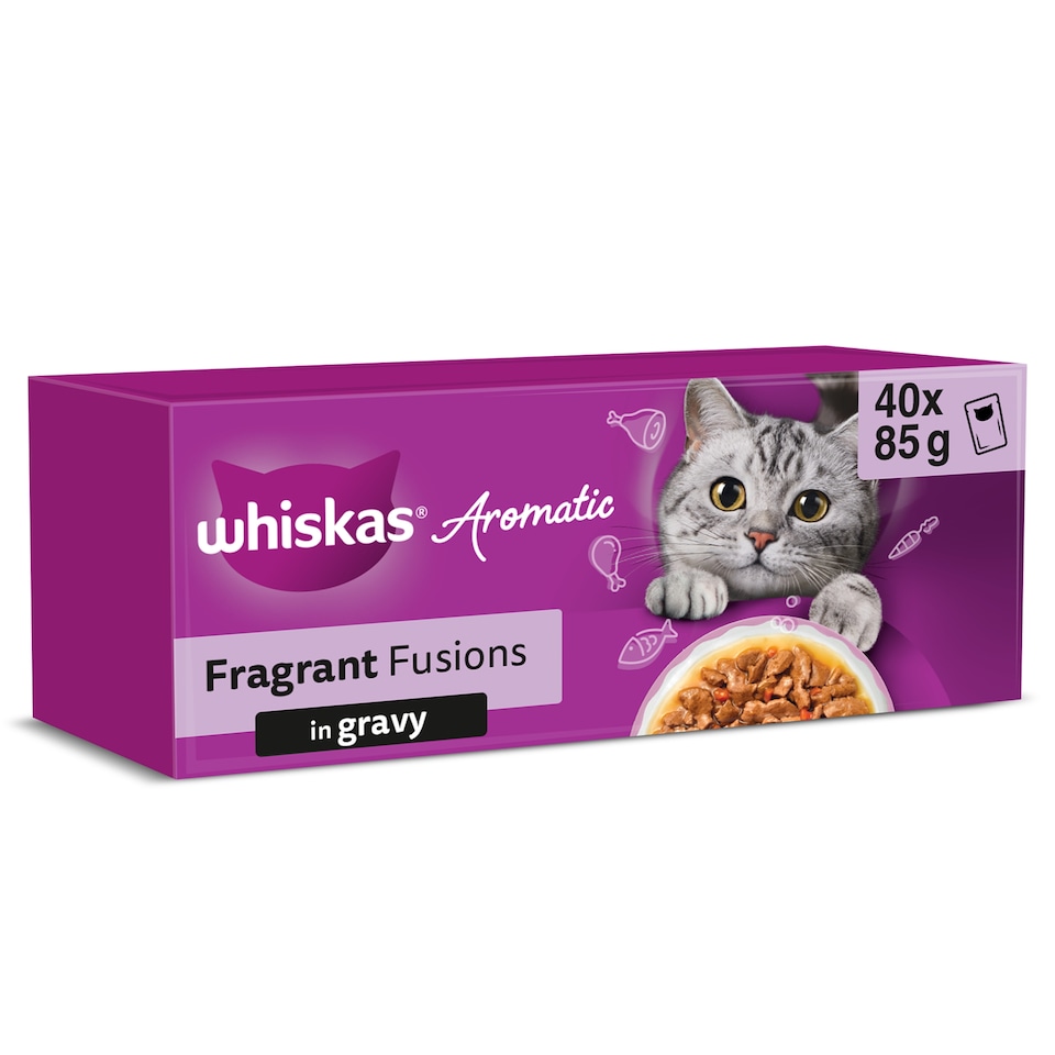 image 1 of WHISKAS 1+ Aromatic Fragrant Fusions Selection Wet Cat Food Pouches in Gravy 40x85g