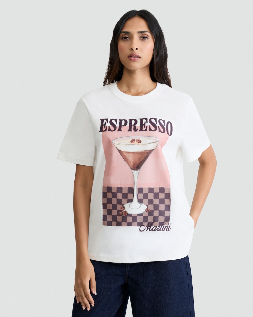 image 1 of F&F Pure Cotton Espresso Martini Print Oversized T-Shirt in Cream