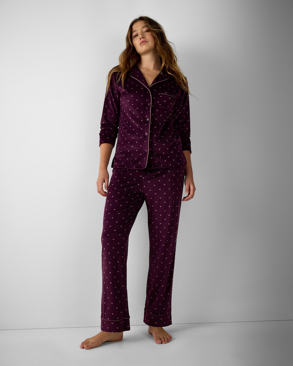 image 1 of F&F Fleece Heart Revere Pyjama Set in Burgundy