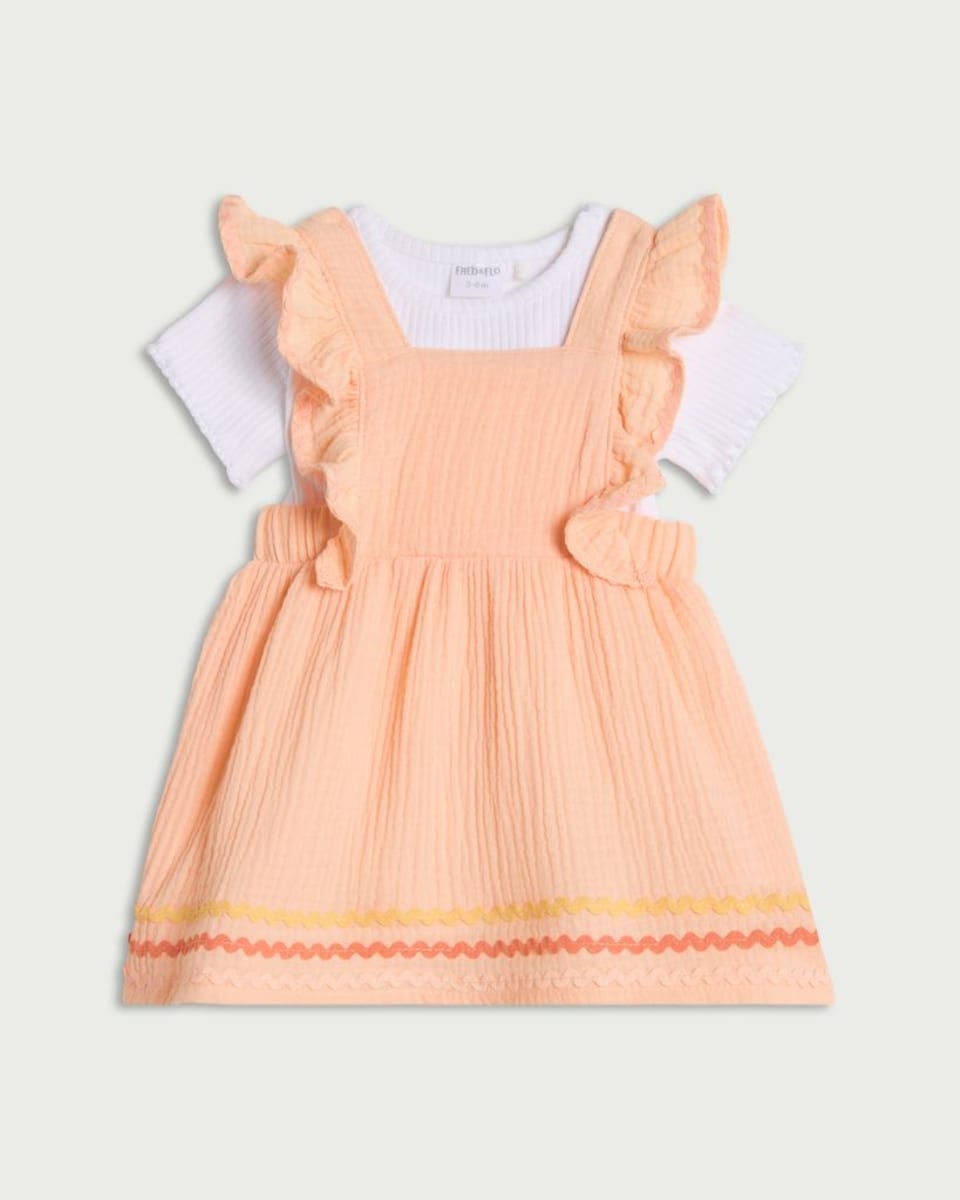 image 1 of F&F Baby Pure Cotton Ruffle Dress with Bodysuit in Peach