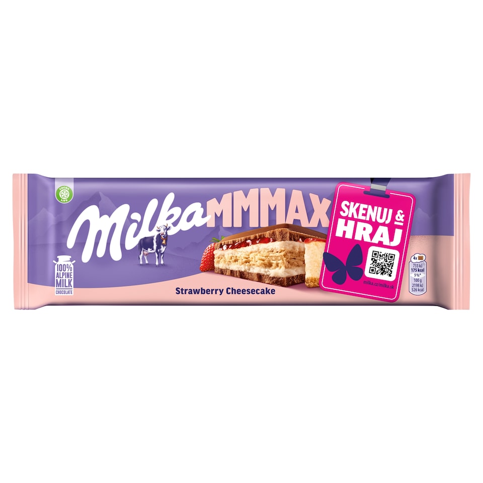 Milka čokoláda Mmmax Strawberry Cheesecake mliečna, príchuť jahodový cheesecake 300 g