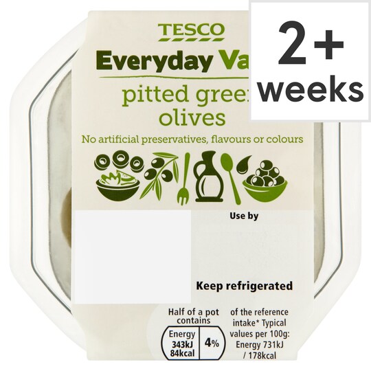 Tesco Everyday Value Pitted Green Olives 95G Tesco Groceries