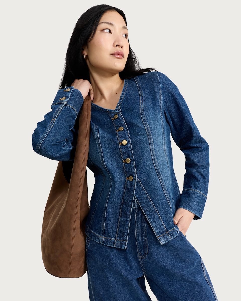 image 1 of The F&F Edit Seam Detail Button Up Denim Shirt in Blue