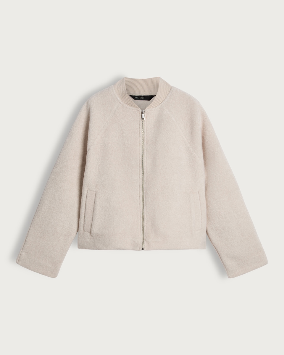 image 1 of F&F Ribbed Collar Zip Through Bomber Jacket in Cream