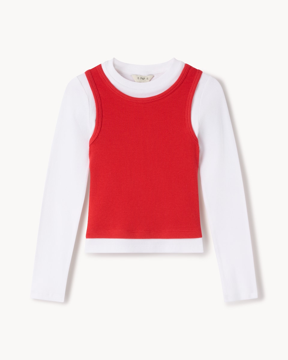 image 1 of F&F Girls Cotton Rich Layered Long Sleeved Top in Red