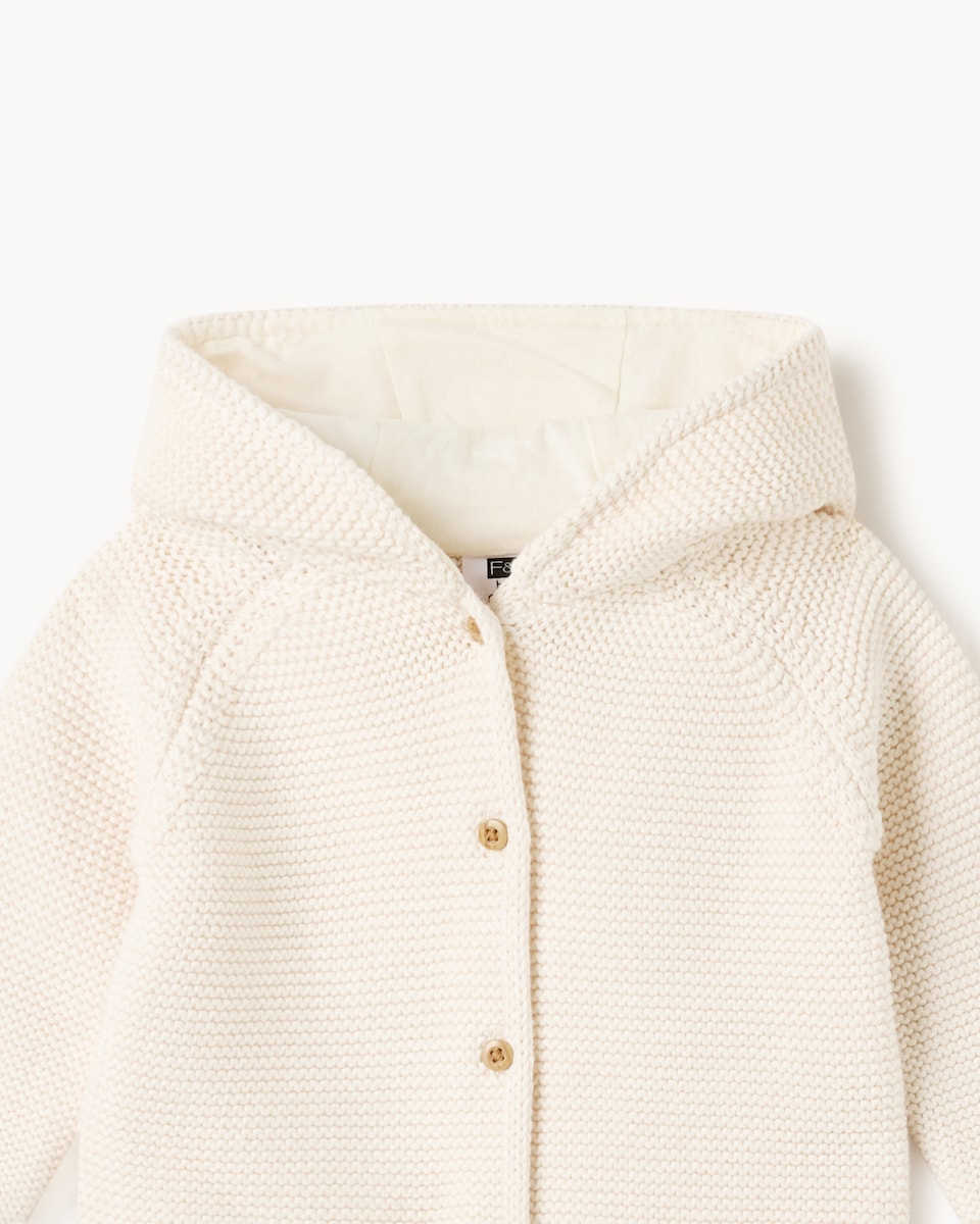 image 1 of F&F Baby Pure Cotton Knitted Hooded Cardigan in Cream
