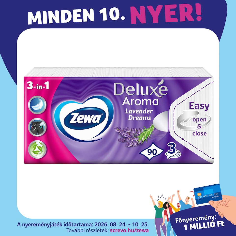 Zewa Deluxe Lavender Dreams illatosított papír zsebkendő 3 rétegű 90 db  1. kép
