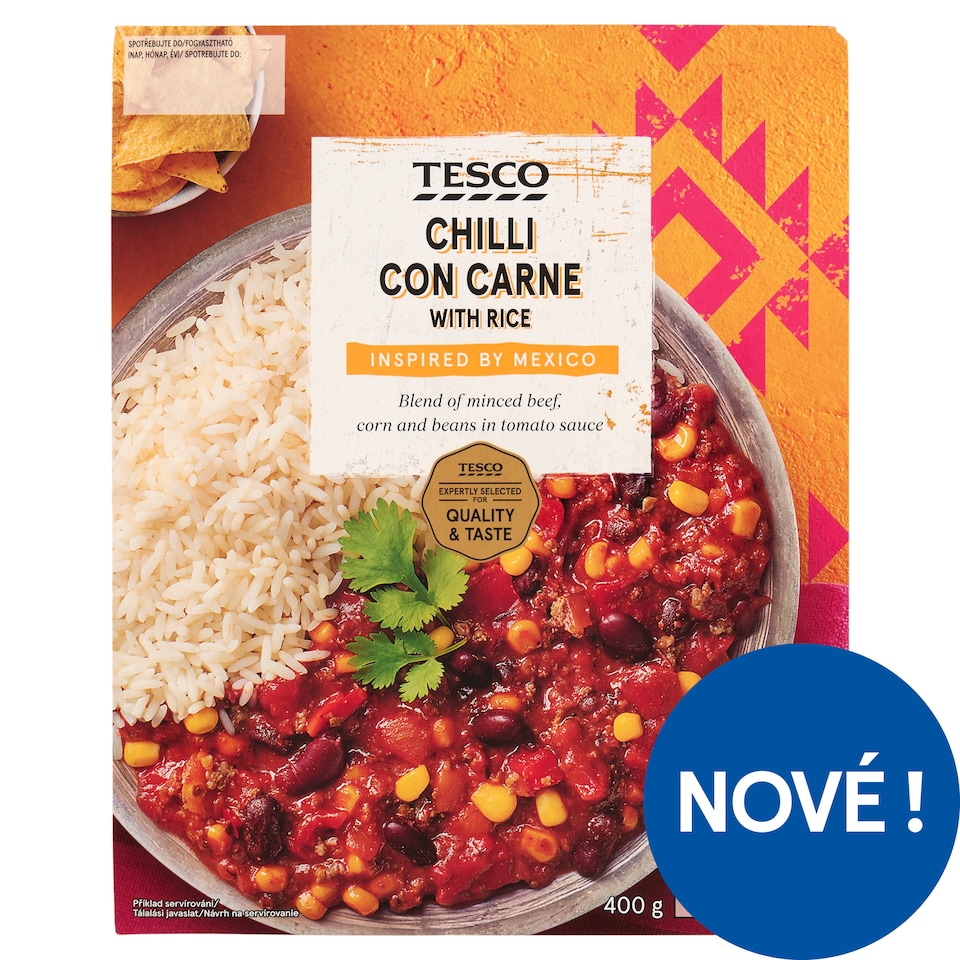 Tesco Rajčatová omáčka s mletým hovězím masem chilli con carne s vařenou rýží 400g