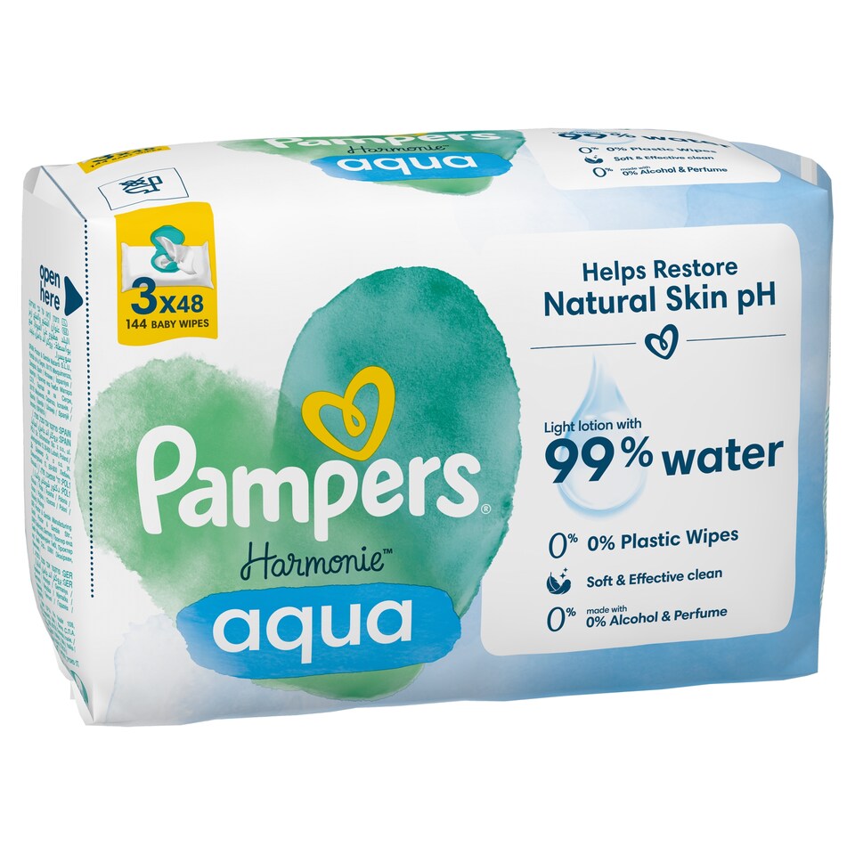 image 1 of Pampers Harmonie Aqua Baby Wipes 3 Packs = 144 Wipes