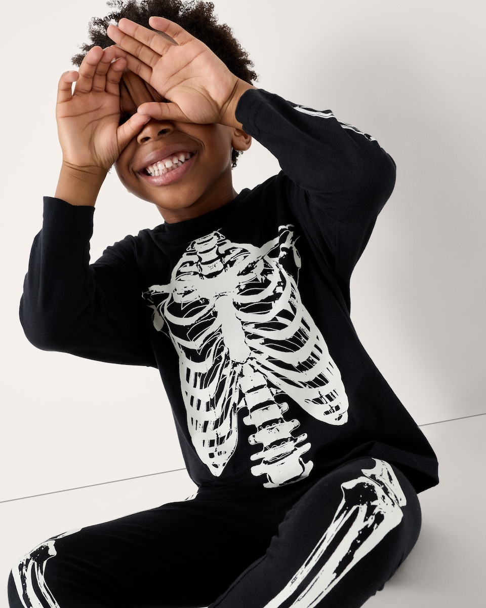 image 1 of F&F Boys Pure Cotton Halloween Skeleton Glow in the Dark Top and Leggings Set in Black