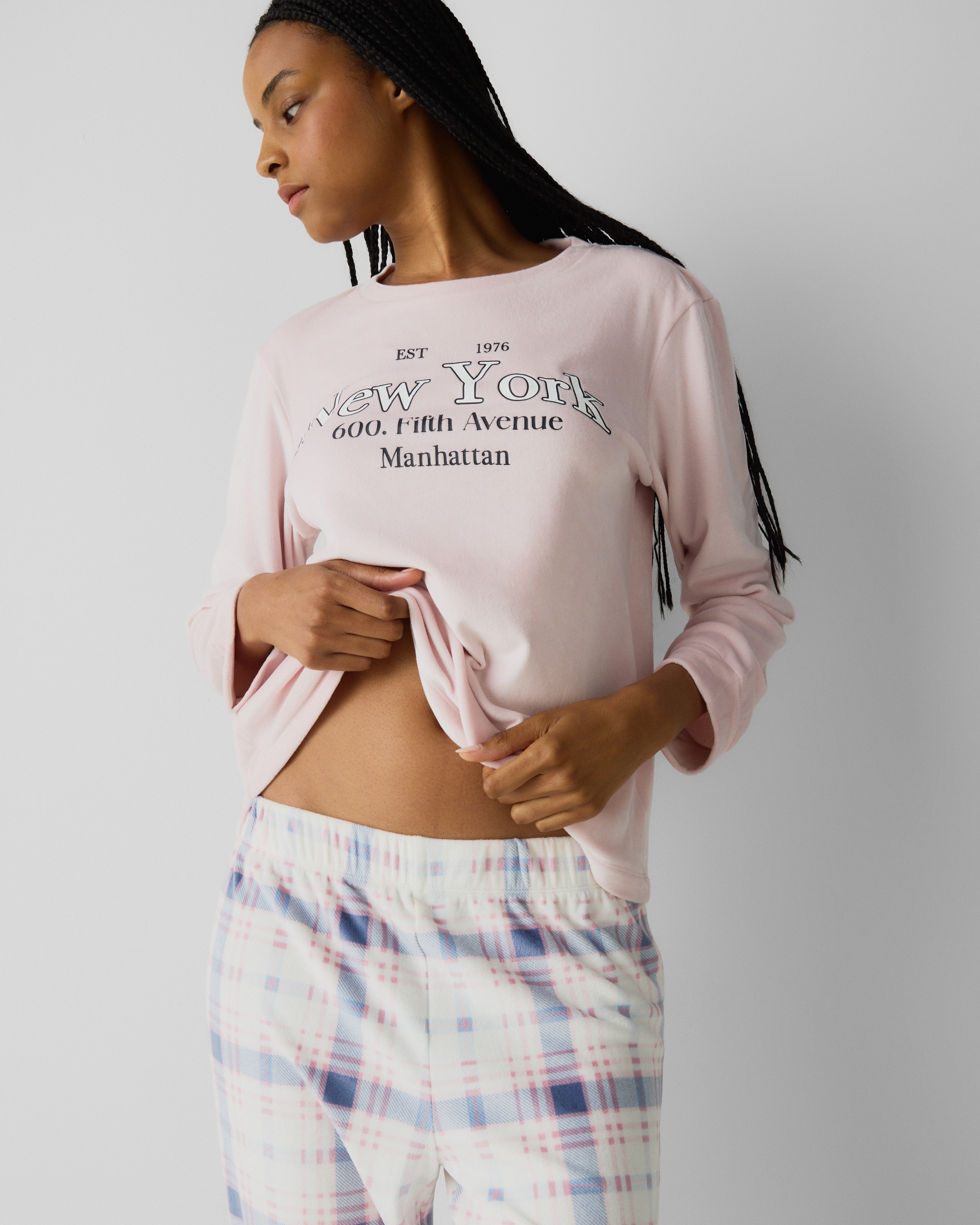 F&F Fleece New York Checked Pyjama Set in Multi Pink