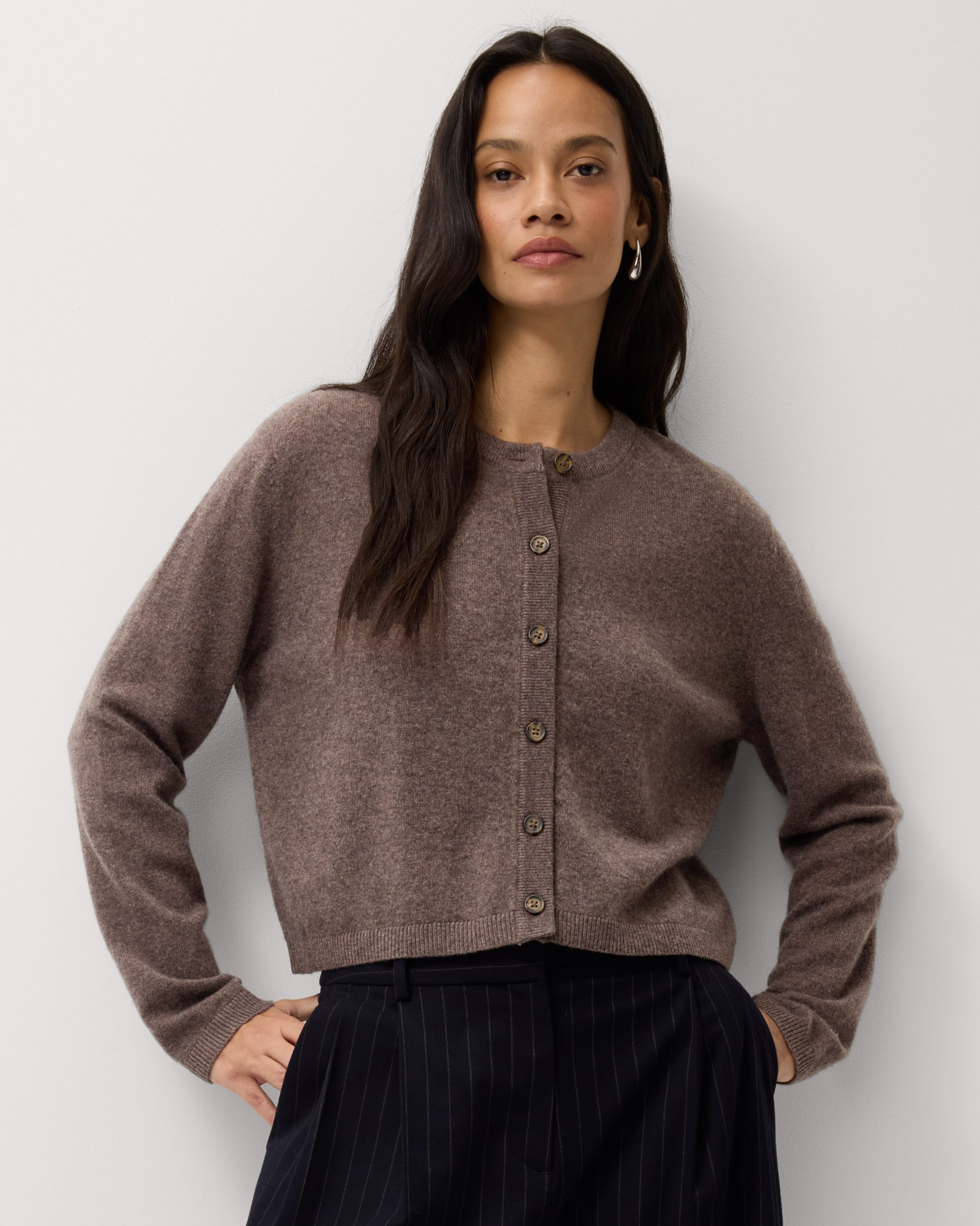 F&F Pure Cashmere Crew Neck Cardigan in Neutral