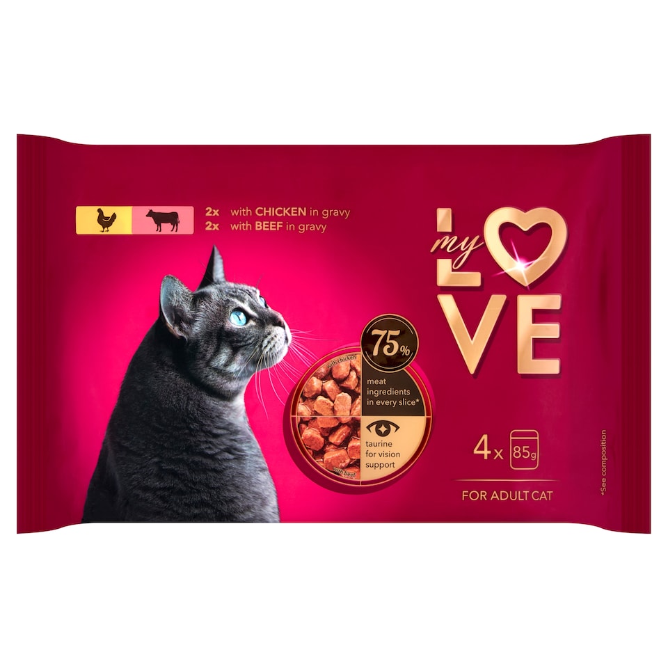 My Love teljes értékű szaftos eledel felnőtt macskák számára, csirke és marha szószban 4 x 85 g