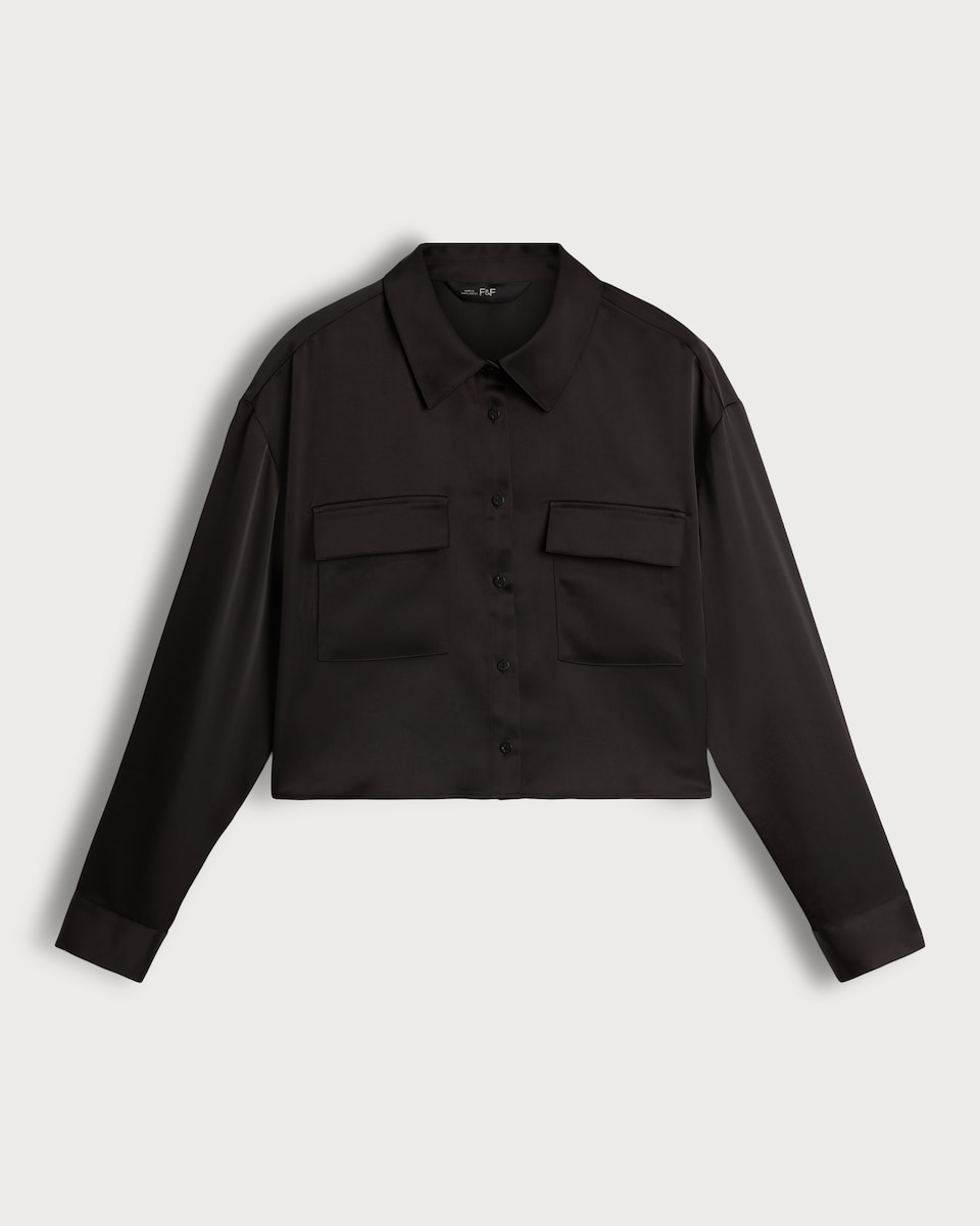 image 1 of F&F Satin Pocket Detail Cropped Button Up Shirt in Black