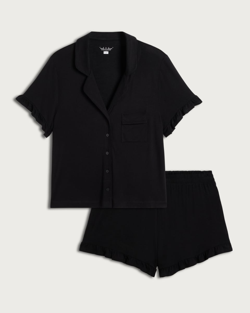 image 1 of F&F 2-Piece Frill Trim Pyjama Set in Black