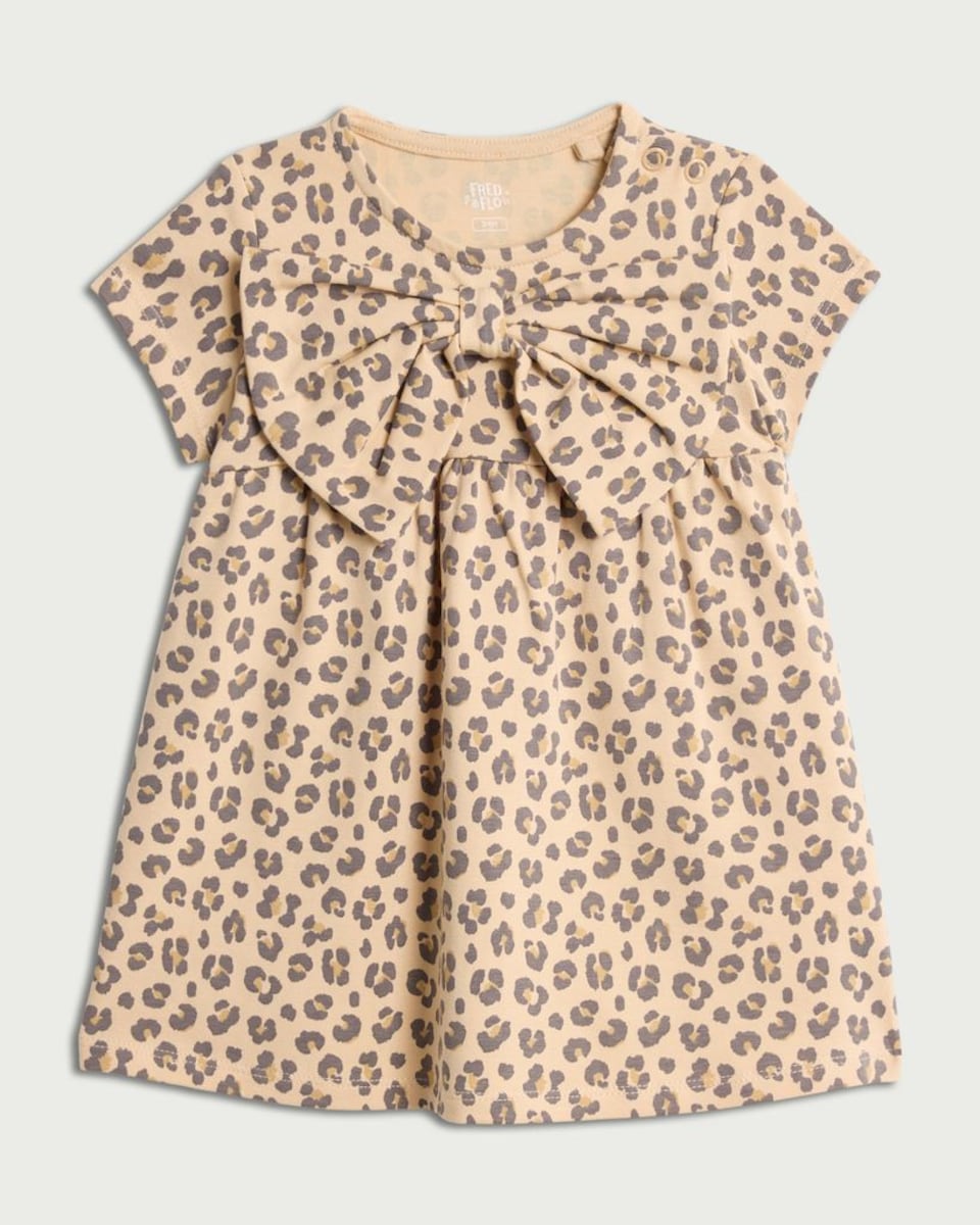 image 1 of F&F Baby Cotton Rich Leopard Print Bow Dress in Tobacco