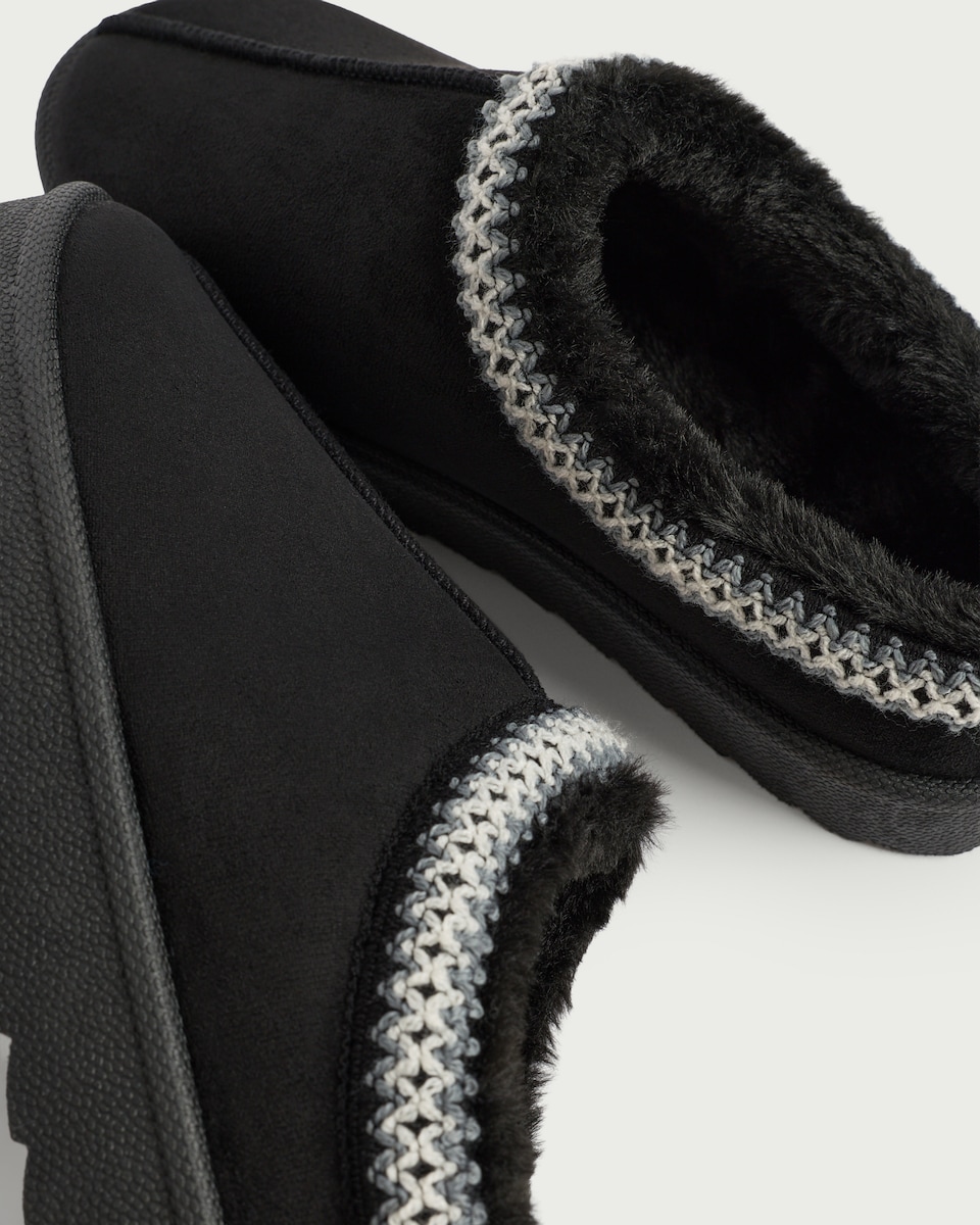 image 1 of F&F Faux Fur Lined Embroidered Mule Slippers in Black