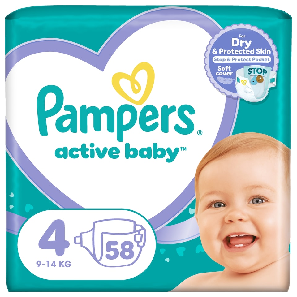 Obrázek 1 pro produkt Pampers Active Baby, Velikost 4, 58 Plenky, 9kg-14kg