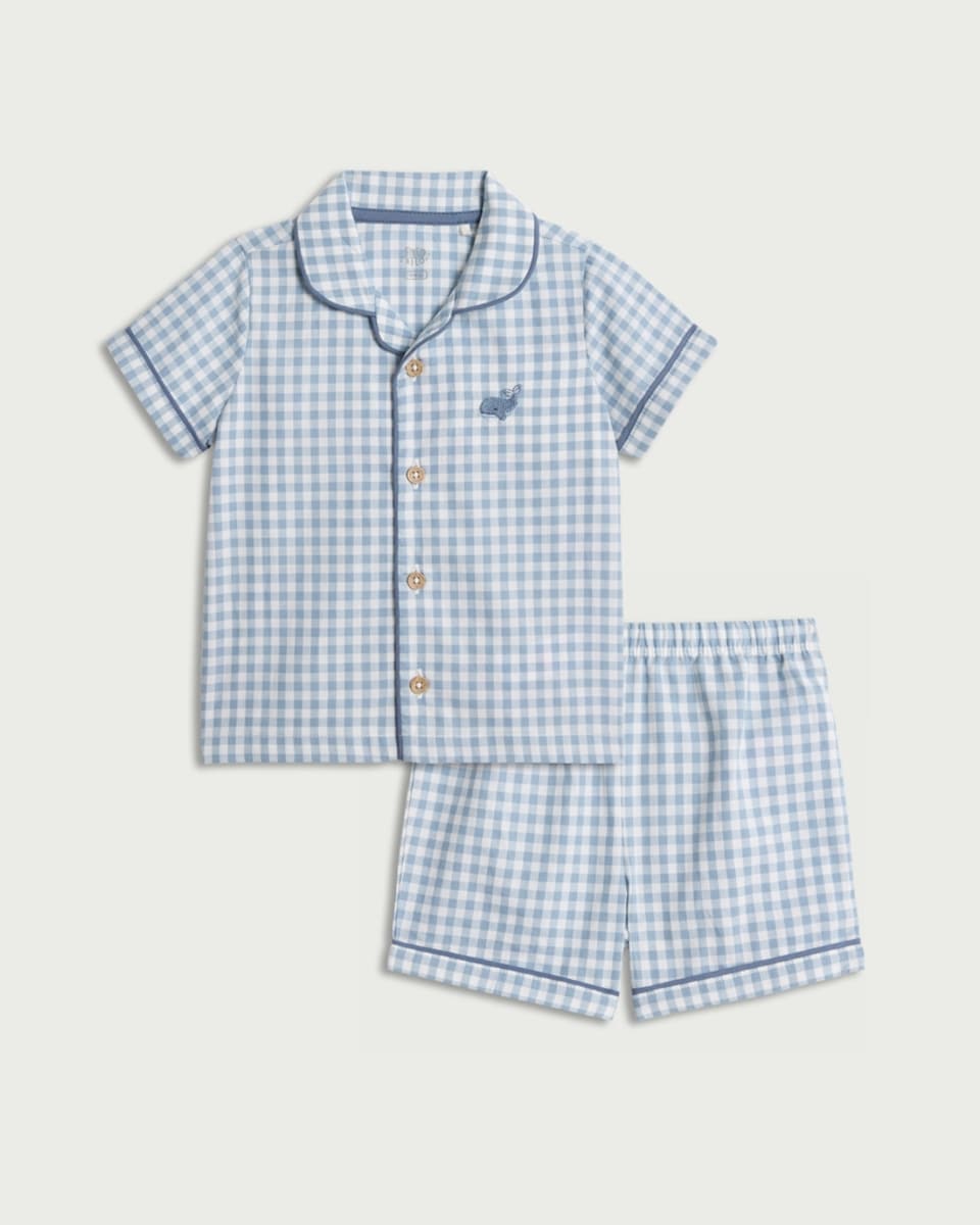 image 1 of F&F Baby 2-Piece Pure Cotton Gingham Shirt and Shorts Pyjama Set in Blue