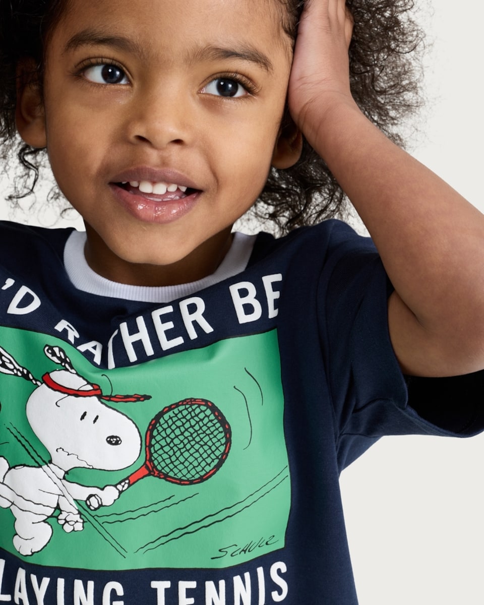 image 1 of Snoopy Pure Cotton Tennis Graphic Short Sleeved T-Shirt in Navy