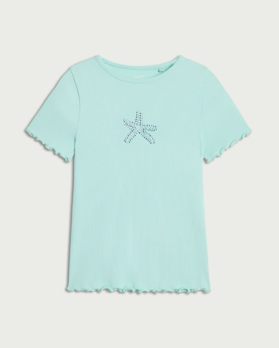 image 1 of F&F Girls Cotton Rich Starfish Embellished T-Shirt in Green