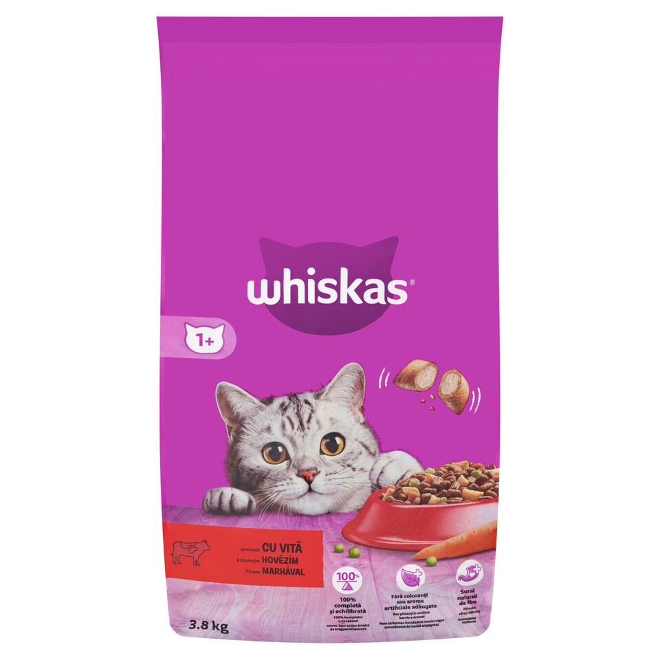 Whiskas 1+ teljes értékű szárazeledel felnőtt macskák számára marhával 3,8 kg