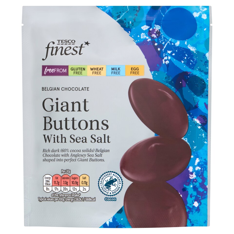 Tesco Finest Freefrom Belgian Chocolate Giant Buttons with Sea Salt 100g.