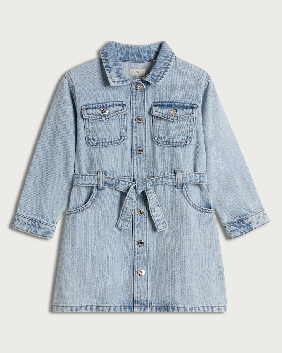 image 1 of F&F Girls Pure Cotton Belted Denim Shirt Dress in Blue