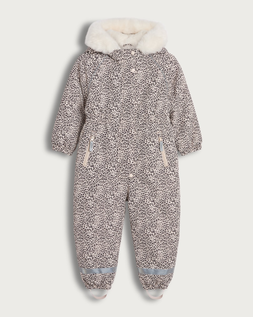 image 1 of F&F Girls Leopard Print Faux Fur Hooded Waterproof Snowsuit in Multi Brown