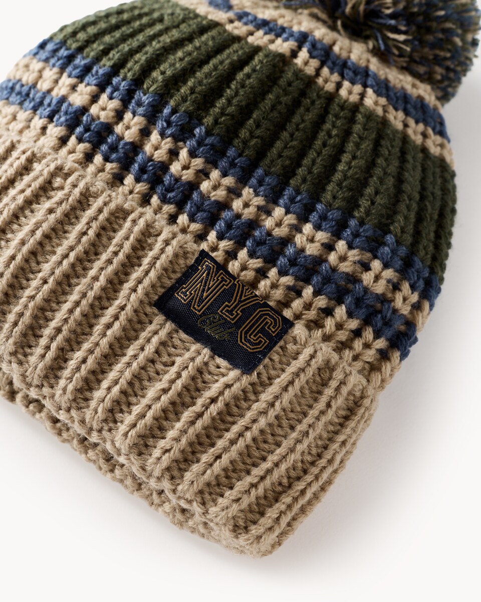 image 1 of F&F Boys Colour Block Pom Pom Beanie Hat in Olive